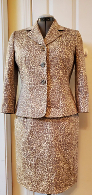 Le Suit Petite 2PC Beige Gray Cotton Blend Animal Print Skirt Suit