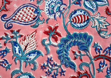 Indian By the Yard Floral Pink Blue Block Print Fabric for Sewing Dressmaking