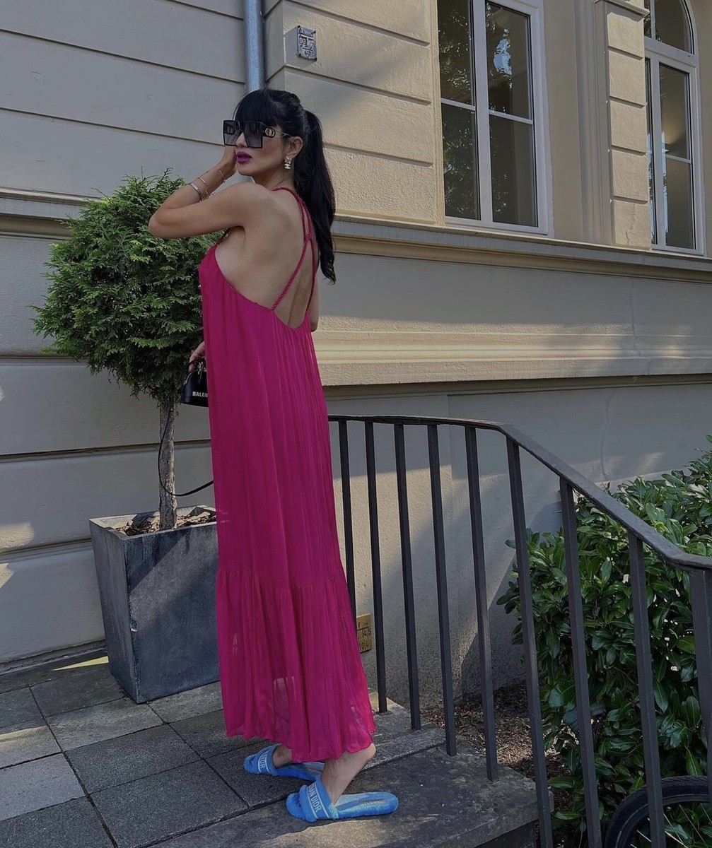 ZARA NEW SS22 FUCHSIA VOLUMINOUS DRESS WITH BRAIDED STRAPS