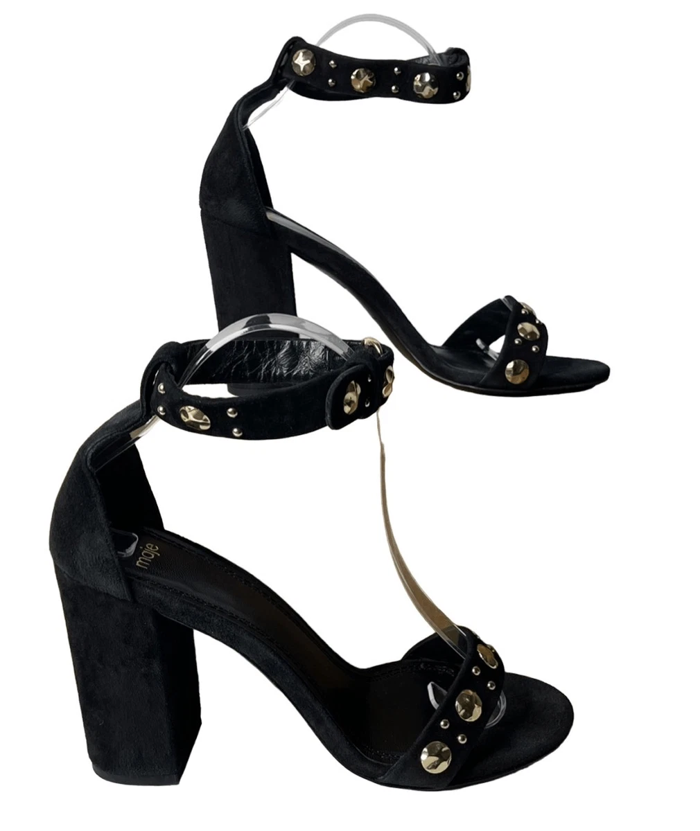 Maje Womens Studded Suede Black Gold Block Heels Sandals Size EU