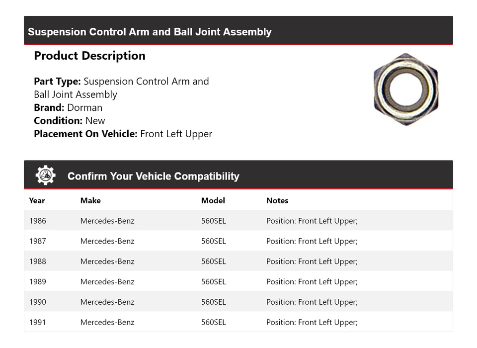 Шарнирное соединение рычага управления в сборе для Mercedes-Benz 560SEL 1986-1991 годов выпуска Dorman  - Изображение 2 из 4