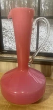 12” Vintage Italian Pink Vase/Pitcher With Clear Glass Handle