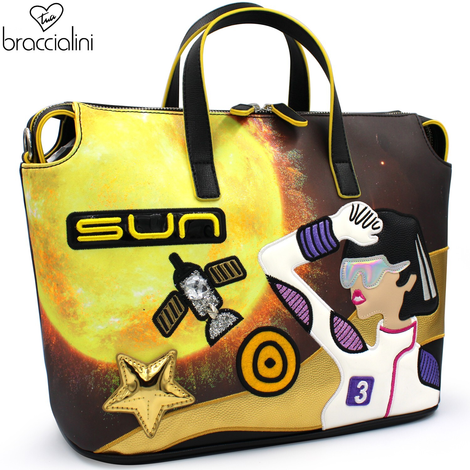 SAOLA €289 Braccialini CARTOLINE borsa Tote media a tema di Sole e Spazio NEW