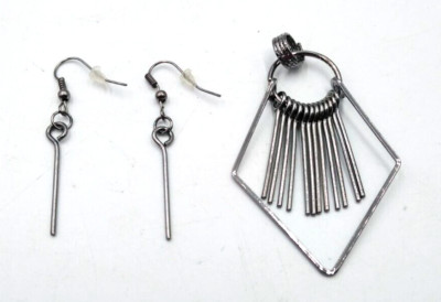 Artisan Made 2'' Gun Metal Dangling Earrings w/ 2.5'' Matching Pendant Set