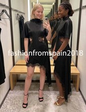 ZARA NEW WOMAN ASYMMETRIC SATIN EFFECT LACE DRESS ZW SCARF BLACK 919/041/800