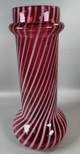 RARE VTG Cranberry Red & White Swirl Art Glass Vase 10” Hand Blown Murano Style