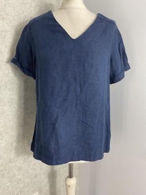 White Stuff Navy Linen Blend Top UK 10 Short Sleeve Summer Blouse Casual