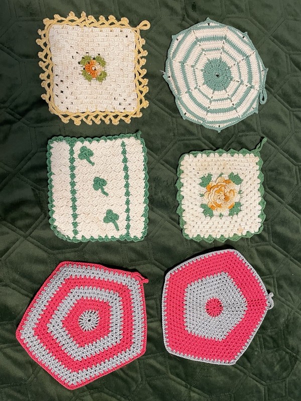 6 Vintage Handmade Crochet Potholders Yellow/Orange Granny Square Farmhouse