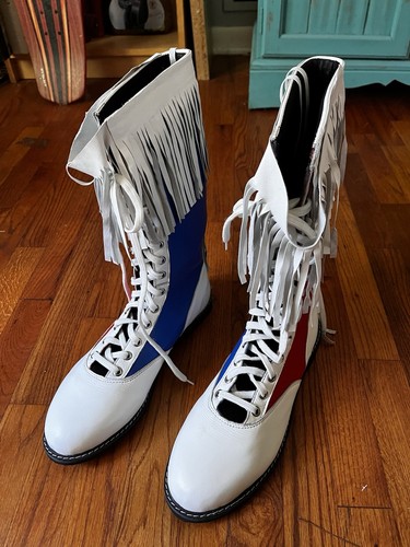 Pro Wrestling boots leather Blue Red White Fringes Set Of Young Rock! Sz 12 - Picture 8 of 8