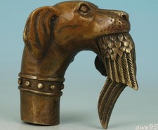 Rare Bronze Hand Carved Dog Bitten Birds Statue Cane Walking Stick Head