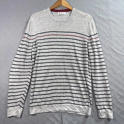 Brunello Cucinelli Sweater Mens XL Gray Striped Linen Cotton Crewneck Italy