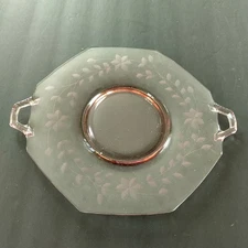 Vintage Pink 8 sided Glass Plate with Handles Etched Floral & 8 Pink 7.5" Plates