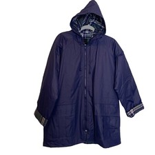 Harbor Master Coat Womens Medium Rain Slicker Navy Cotton Flanel Plaid Jacket