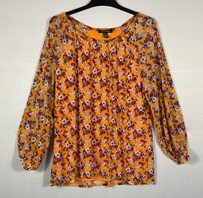 A Love Story Blouse Womens 1X Orange Red Floral Lined Long Balloon Sleeves