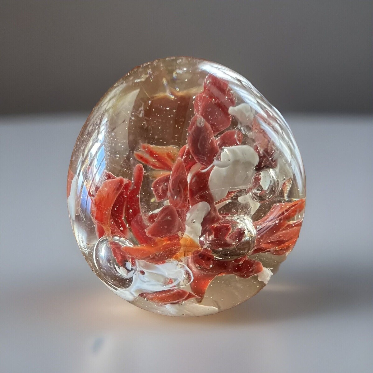 Vintage Murano Glass Egg Shaped Bubble & Floral Paperweight, Red