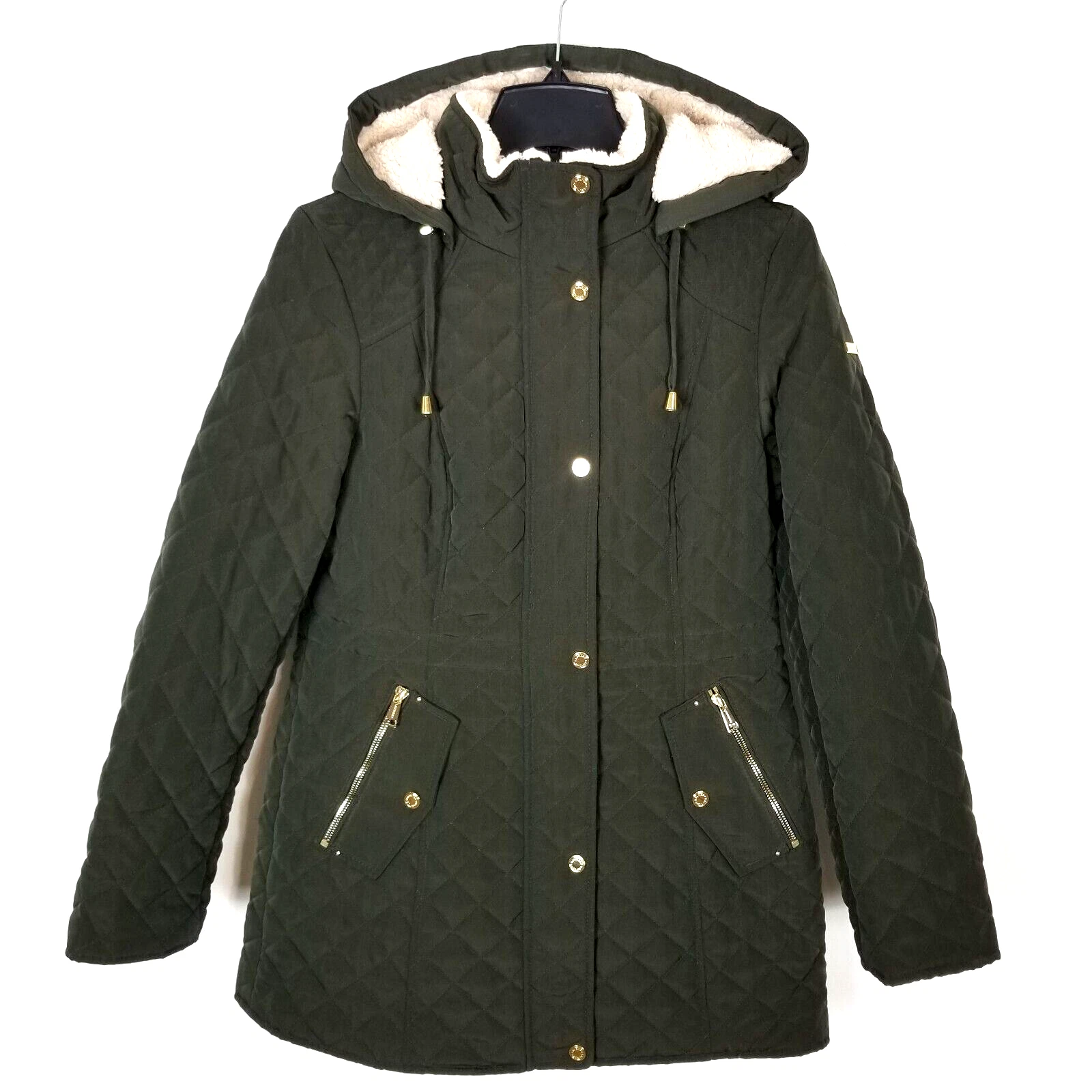 Laundry by Shelli Segal Women Quilted Puffer Jacket Hooded Olive Green S