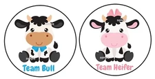 BABY COW GENDER REVEAL PARTY TEAM BULL HEIFER STICKERS 1.5" ROUND (60) PINK BLUE