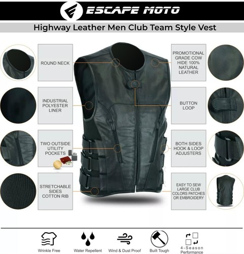 Men's Bullet Proof style Leather Vest Black Motorcycle Jacket BIKER CLUB VEST - Picture 2 of 7