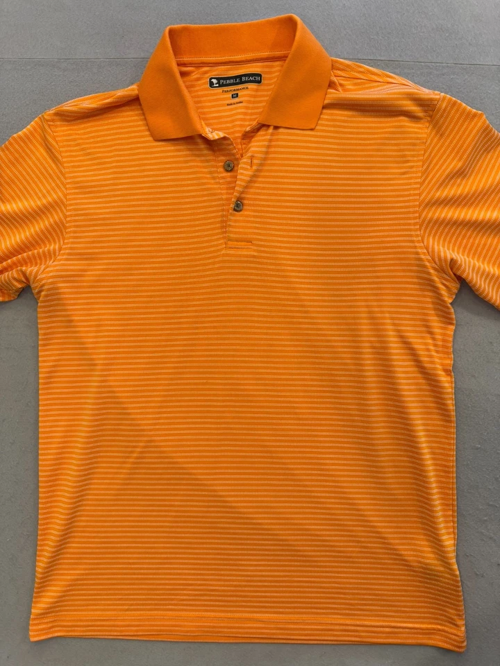 Camisa polo de golf Pebble Beach para hombre mediana naranja brillante a rayas cuello de tenis Foto 3 de 4