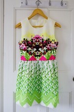 Floral Print White Green Mini Dress, Patchwork Sleeveless Skirt UK S 8 10