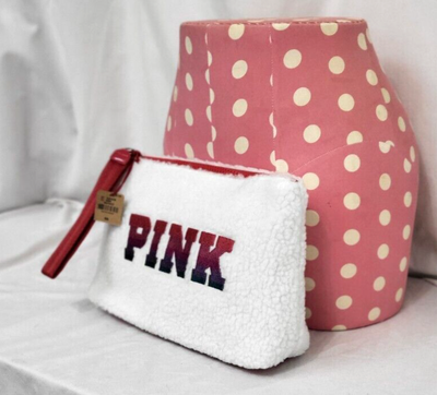 Victorias Secret Pink SHERPA Graphic Make Up Cosmetic Wristlet Bag