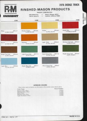 1976  DODGE TRUCK   R & M, Exterior Paint Color Chip Chart Sheet