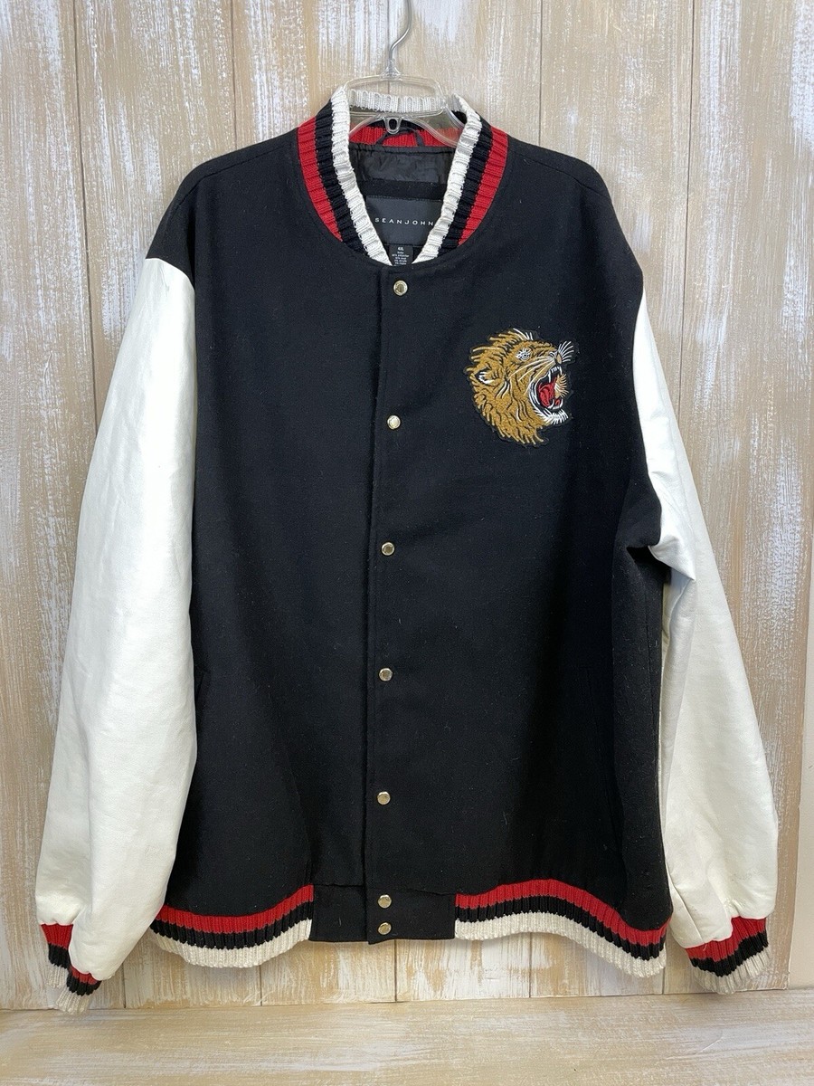 ★SeanJohn★総柄★トラックジャケット★アウター★ベロア★ゼブラ★XL★ Sean John Mens Varsity Jacket In Black & White Wool Lion Size 4XL