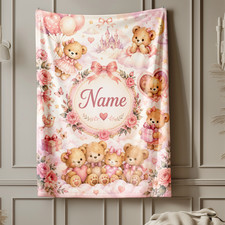 Personalized Pink Teddy Bear 5 Coral Fleece Blanket Cute Nursery Decor