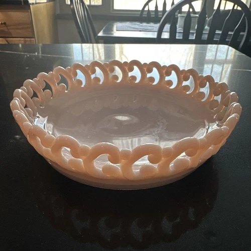 Fenton Pink Milk Glass Reverse C-Plate – Vintage Lace Edge Scalloped Dish