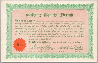 Vintage 1940s COMIC Exhibit Co. Arcade Card ''Bathing Beauty Permit'' / UNUSED