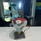 Antique Victorian Hand Painted Oil Lamp Pink Floral Converted to Electric