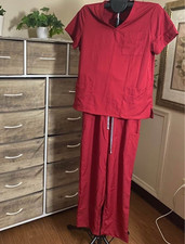 Red Unisex Scrub Set V-Neck Top Drawstring Pants Size Small