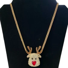 NWT Betsey Johnson Red Nose Reindeer Pendant Gold Tone Necklace Christmas Holida
