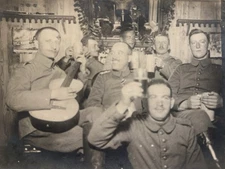 Vintage WWI German Soldiers Drinking Beer Playing Guitar 3.5”x4.5” Photograph
