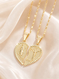Authentic 18K Gold Plated Virgin Mary Heart Couple Necklace with Dual Chain