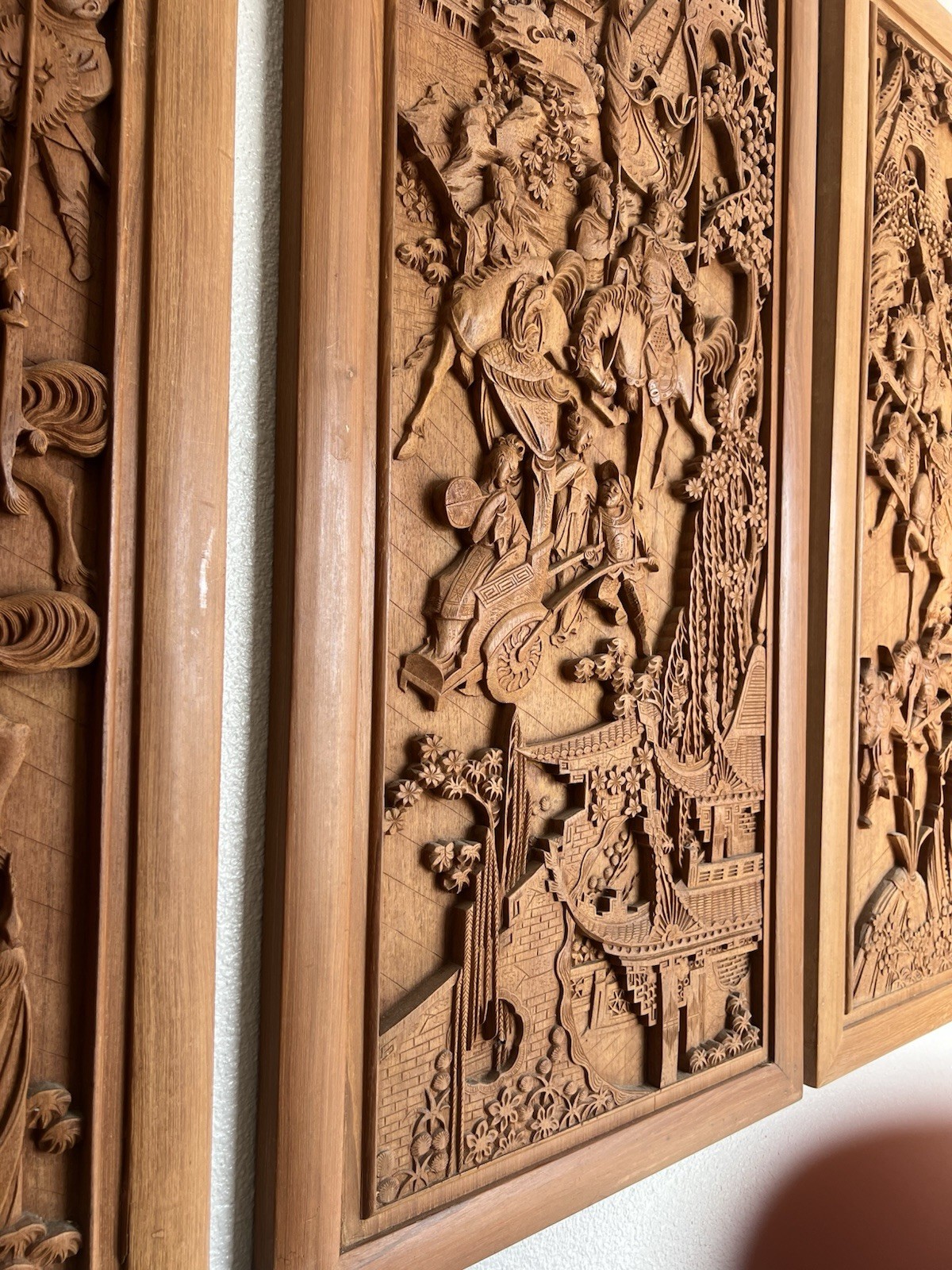 Set Of 4 Vintage Chinese Hand-Carved Wood Wall Panels