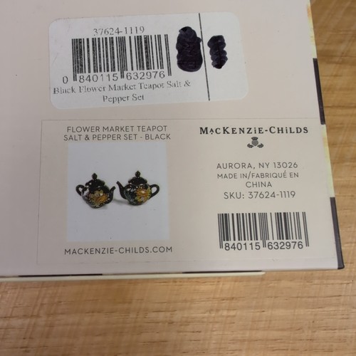 MacKenzie Childs Flower Market Black Teapot Salt & Pepper Shakers NIB Ceramic 3” - Picture 10 of 12