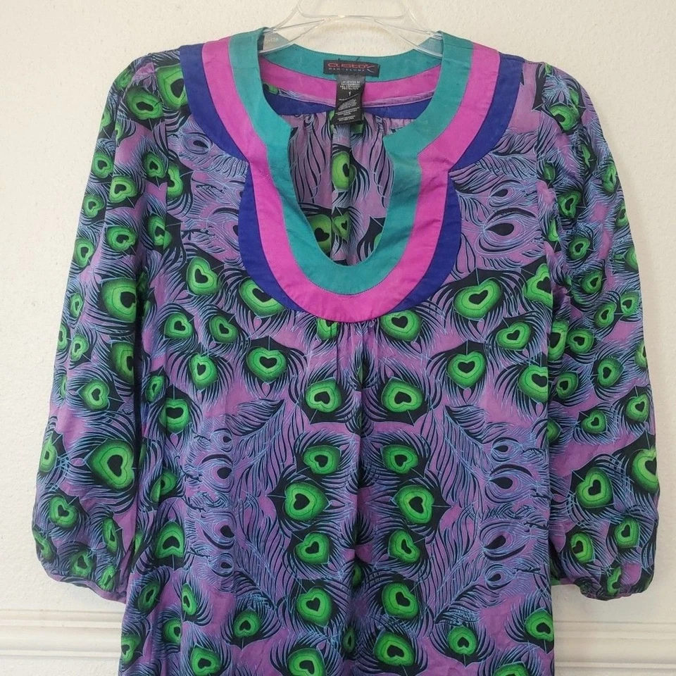 Vestido túnica Custo Barcelona diseño pavo real para mujer talla 1 púrpura verde seda Foto 2 de 4