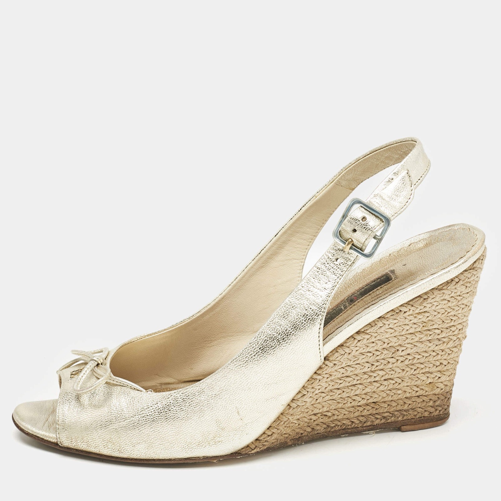 Sandalias de cuña CH Carolina Herrera de cuero metálico con lazo punta abierta alpargata talla