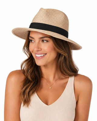 ASVP Shop Sombrero Trilby Fedora de Paja Unisex Beige, Banda Negra - Imagen 1 de 4