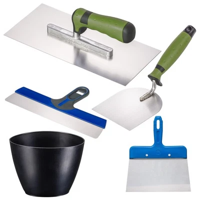 COLORUS Profi Gipserkelle Putzkelle Gipserspachtel Gipsbecher Flächenspachtel Set 5 tlg.