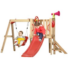 Wooden Toddler Playground with Baby Swing Set, Ages 1.5-4, Red