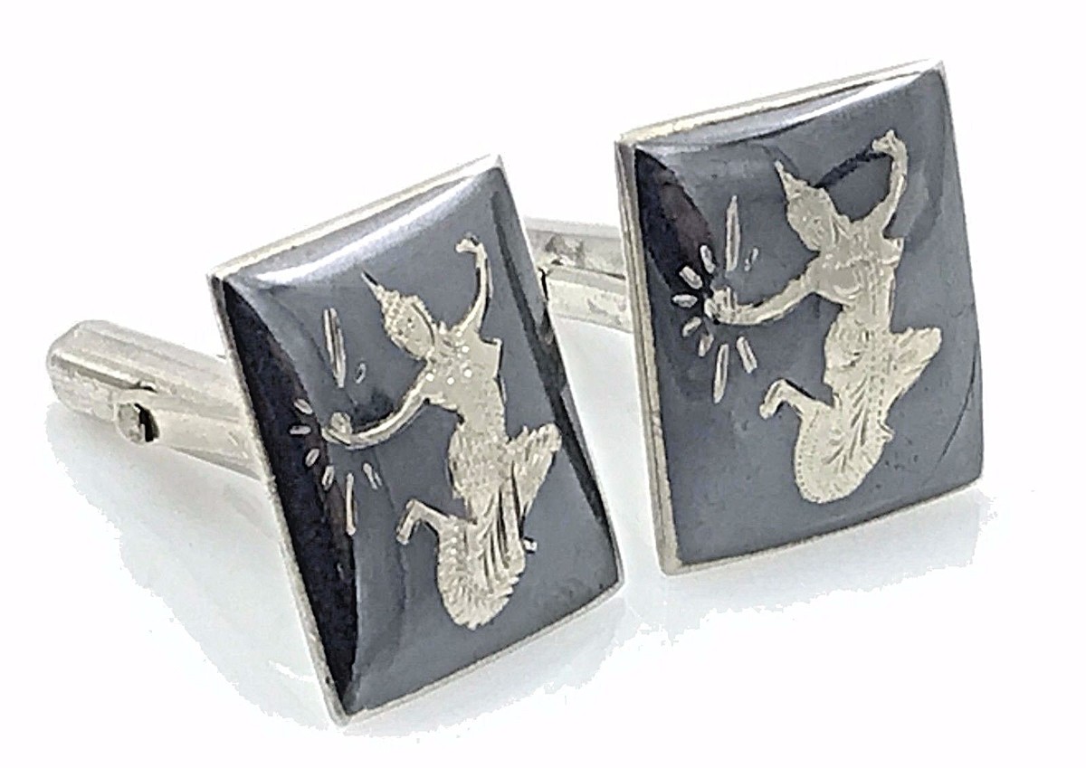 Boutons De Manchette Argent 925 Noir Octogone - Motif Manimekhala Siam, Vintage