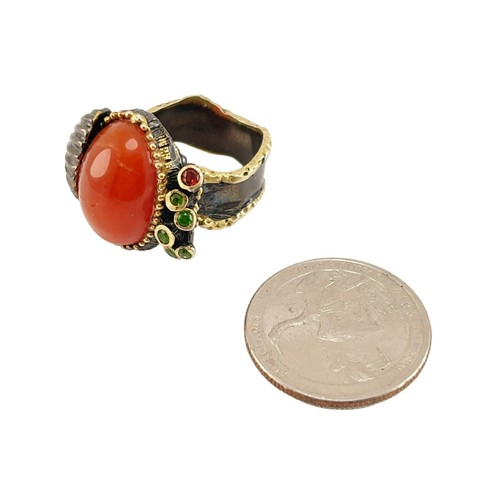 Carnelian Black Rhodium over .925 Sterling Silver Handmade Ring with Shell Accen - Picture 5 of 9