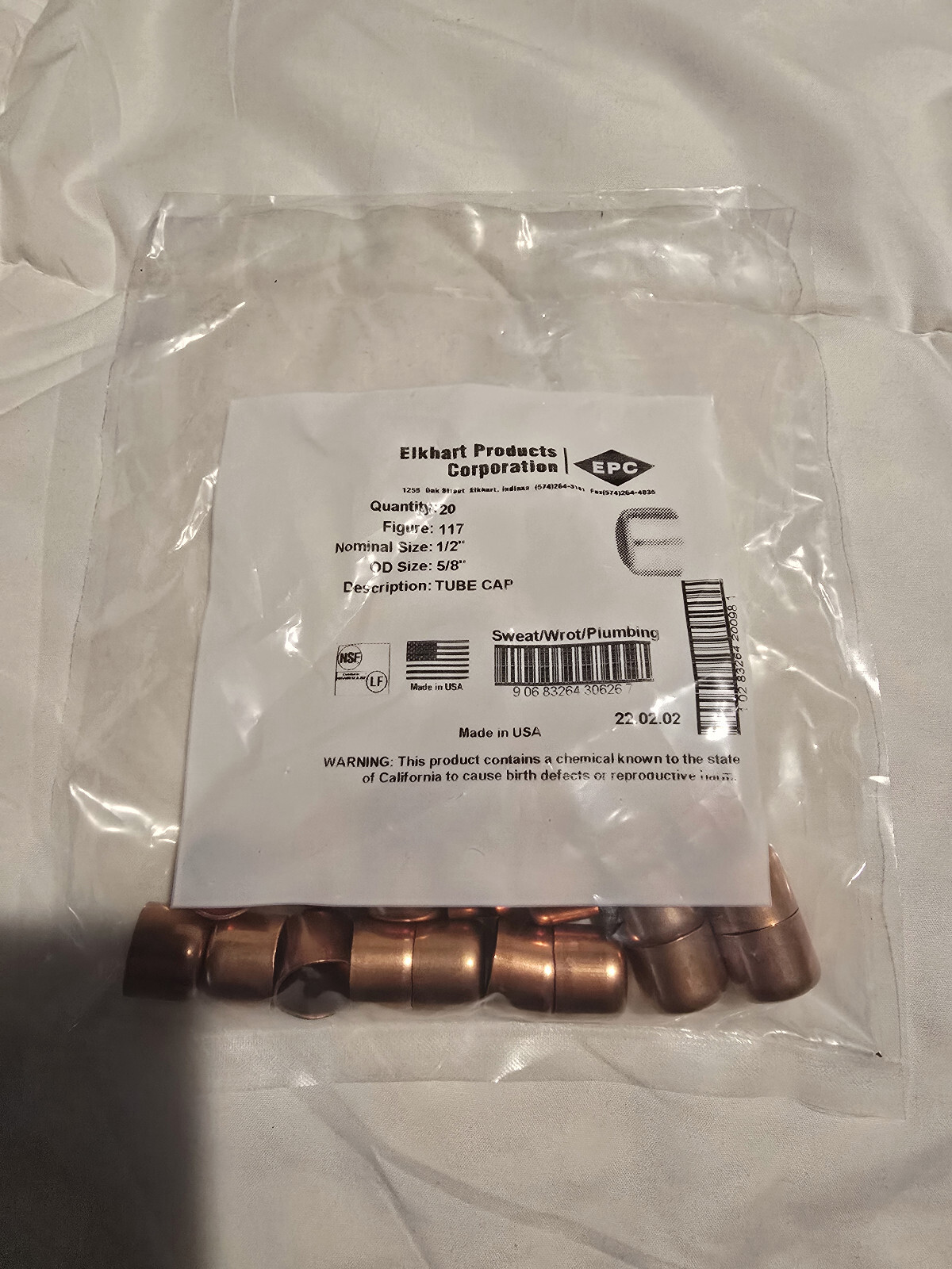 EPC Sweat/Wroth/Plumbing Copper Tube Caps 5/8" 20 per bag | Free Shipping