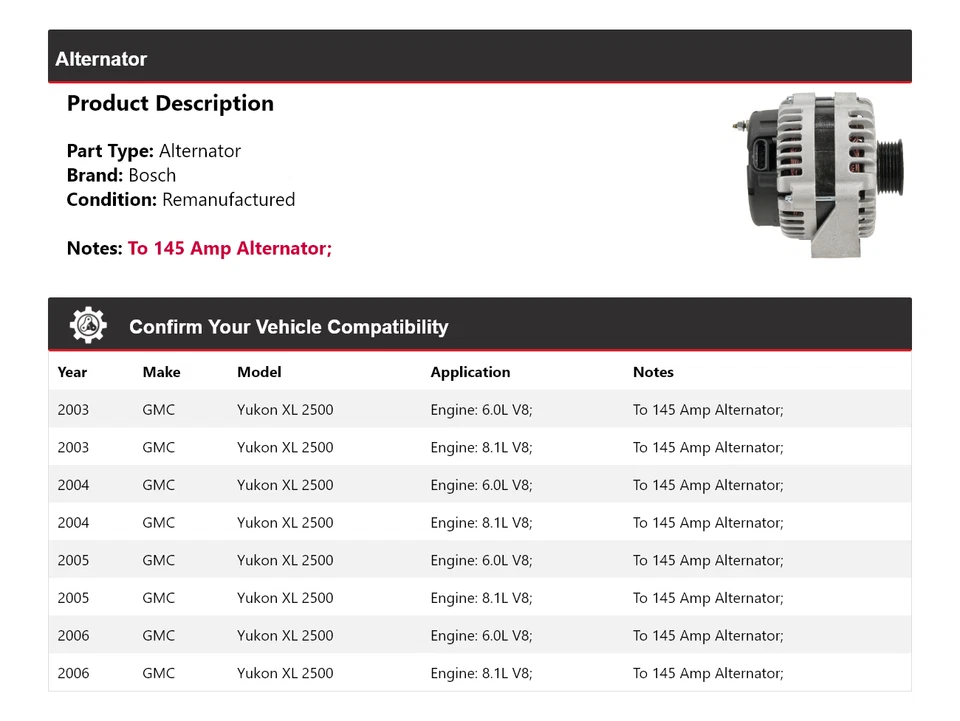 Alternador Bosch para GMC Yukon XL 2500 2003-2006 (remanufacturado) 2004 2005 Foto 2 de 4