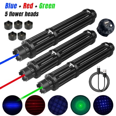 10W USB Charge Strong Blue/Green Burning Laser Pointer Visible Beam Torch+5 Caps