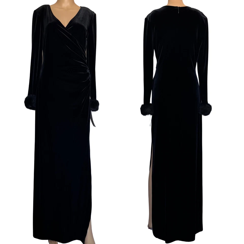 Evening Chic Long Dress Womens Velvet Faux Fur Cuffs Size 6 Black USA Fairy Goth - Image 2 of 4