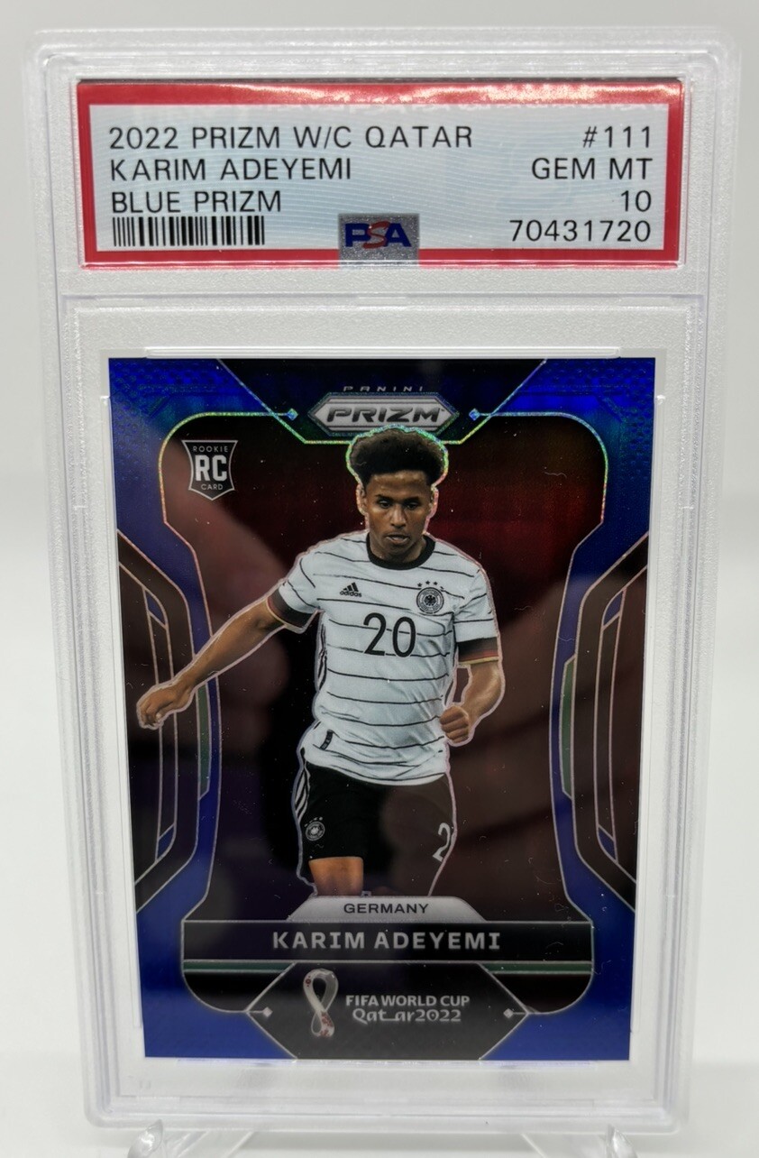 2022 Panini Prizm World Cup Qatar Karim Adeyemi Blue Wave Prizm /199 RC PSA 10