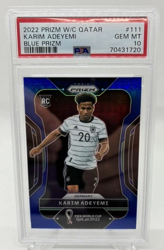 2022 Panini Prizm World Cup Qatar Karim Adeyemi Blue Wave Prizm /199 RC PSA 10